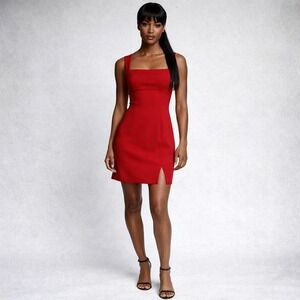 Vintage 90s Georgiou Studio Red Sheath Mini Dress Square Neck Slit Womens 2